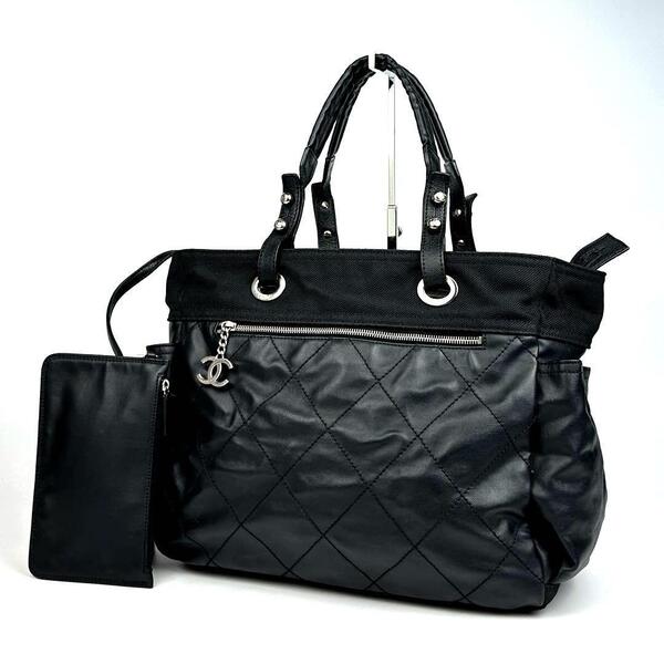 美品●CHANEL シャネル パリビアリッツ トートバッグ ココチャーム マトラッセ キルティング ハンドバッグ 肩掛け 黒 ブラック A4 ポーチ付