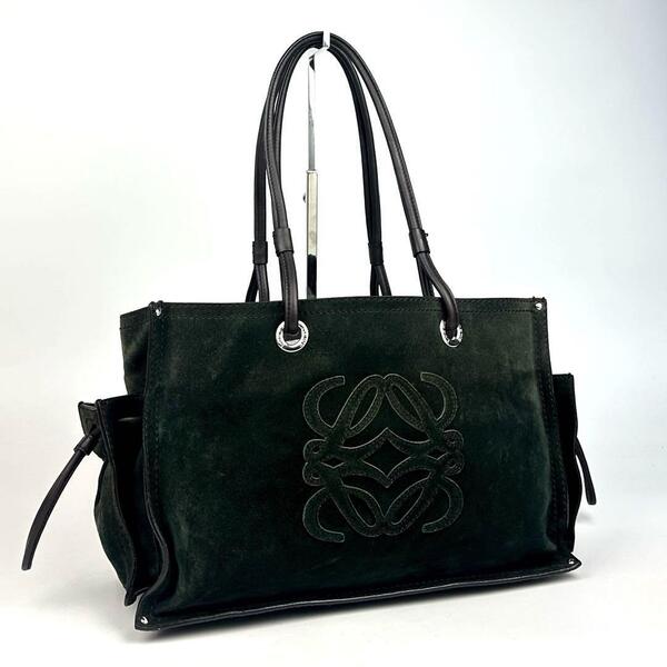 美品●LOEWE ロエベ ショッパー トートバッグ アナグラム 肩掛け ワンショルダー レザー スエード 深緑 ダークグリーン 焦げ茶色 男女兼用