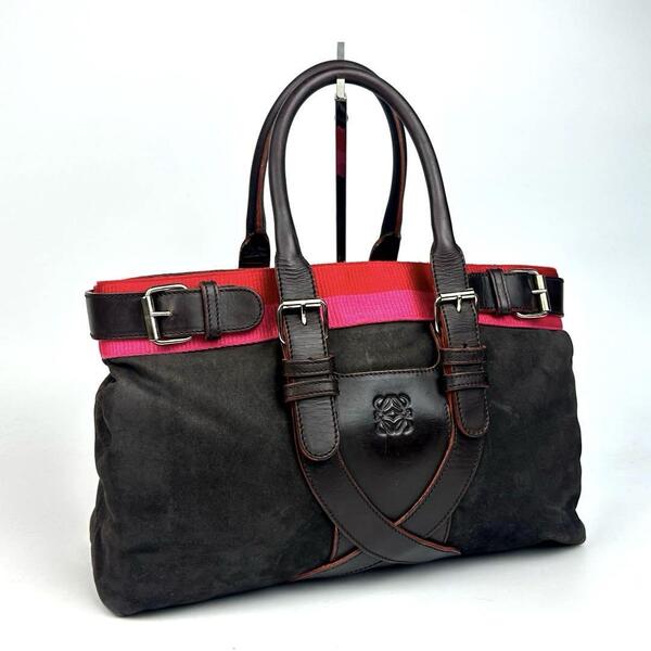 美品●LOEWE ロエベ ハンドバッグ アナグラム ロゴ型押し ベルト ミニトート 肩掛け レザー ヌバック 焦げ茶色 ダークブラウン 男女兼用