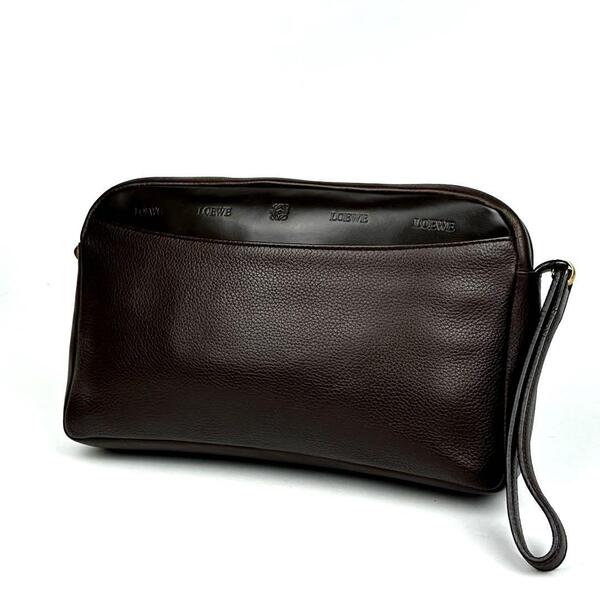 美品●LOEWE ロエベ クラッチバッグ アナグラム ロゴ型押し ハンドバッグ セカンドバッグ シボ革 レザー 焦げ茶色 ダークブラウン 男女兼用