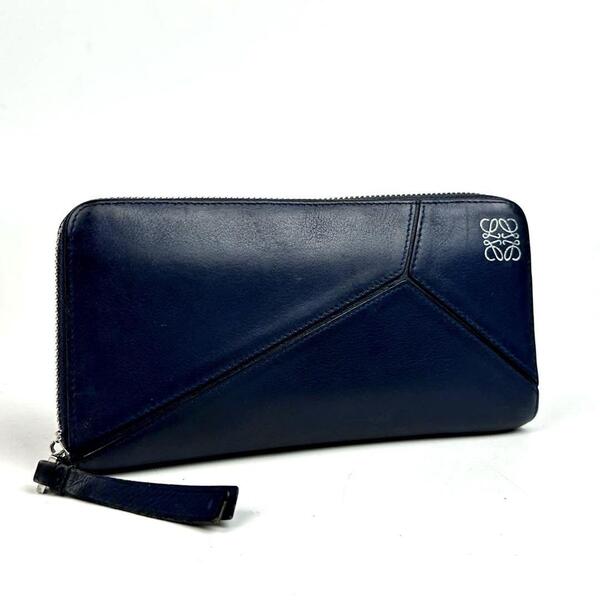 美品●LOEWE ロエベ 長財布 アナグラム パズル ラウンドジップ シルバー金具 ウォレット レザー 濃紺 ダークネイビー 黒系 男女兼用