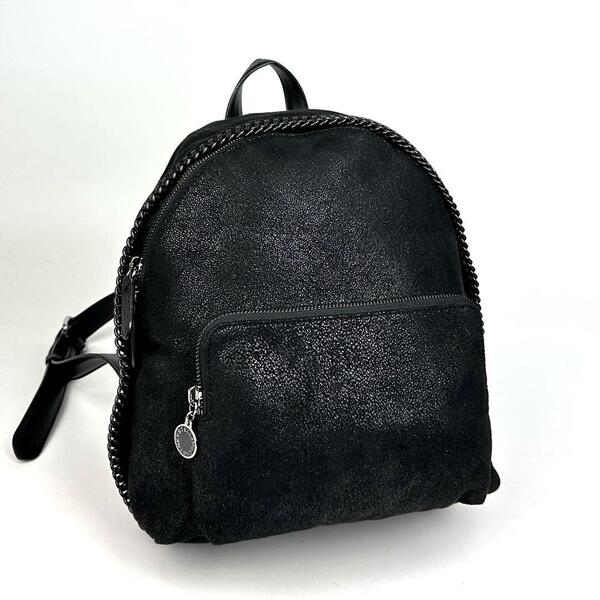 美品●STELLA McCARTNEY ステラマッカートニー ミニ リュック ファラベラ チェーン サークルロゴ 裏地総柄 ラメ 黒色 ブラック フォーマル