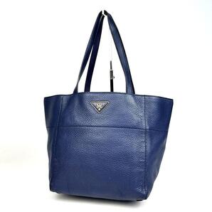 美品■PRADA プラダ トートバッグ 三角ロゴプレート 白タグ ゴールド金具 ヴィッテロ ダイノ 肩掛け レザー ネイビーブルー 紺 青 男女兼用