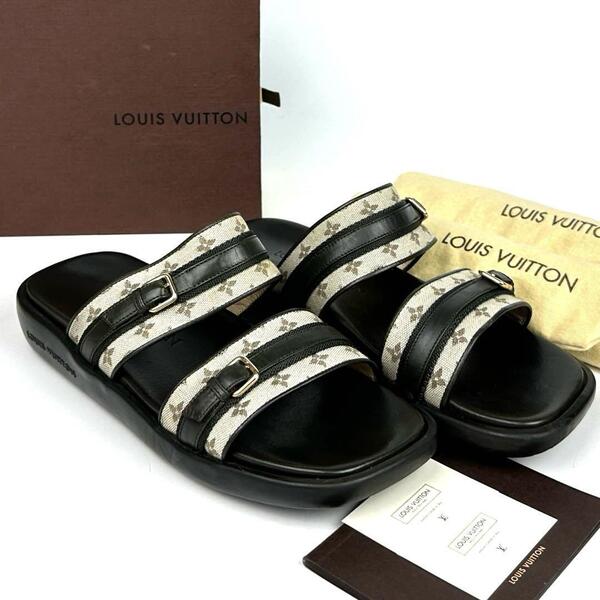 美品■LOUIS VUITTON ルイヴィトン サンダル 35 1/2 モノグラム 総柄 ロゴ型押し レザー キャンバス 黒 ブラック ベージュ 23cm 付属品完備