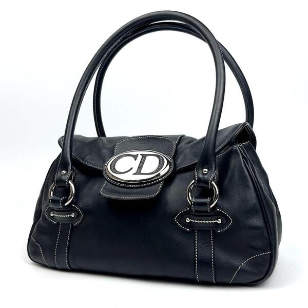 【極美品】Christian Dior ディオール ワンショルダー 肩掛け CD ロゴ ステッチ 裏地総柄 トートバッグ レザー 黒色 ブラック フォーマル