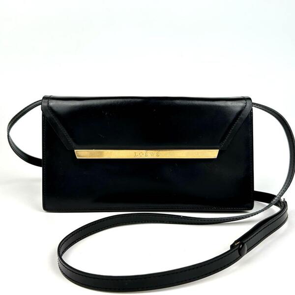 美品●LOEWE ロエベ ショルダー ウォレット 2way ショルダーバッグ 斜め掛け ロゴ ゴールド金具 長財布 レザー 黒色 ブラック フォーマル