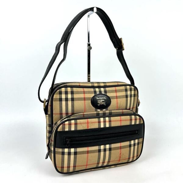 美品●BURBERRYS バーバリー ショルダーバッグ ホースロゴ ノバチェック 斜め掛け レザー キャンバス 黒 ブラック ベージュ 男女兼用 希少