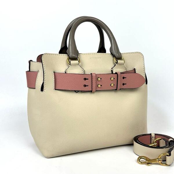 美品●BURBERRY バーバリー ベルトバッグ トート 2way ショルダーバッグ 斜め掛け レザー バイカラー 希少色 白系 ベージュ ピンク 現行品