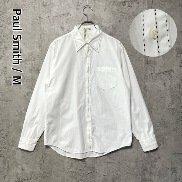 *ポールスミスロンドン 長袖コットンシャツ ロングスリーブ ステッチデザイン レギュラーカラー ホワイト 白 M PaulSmith London