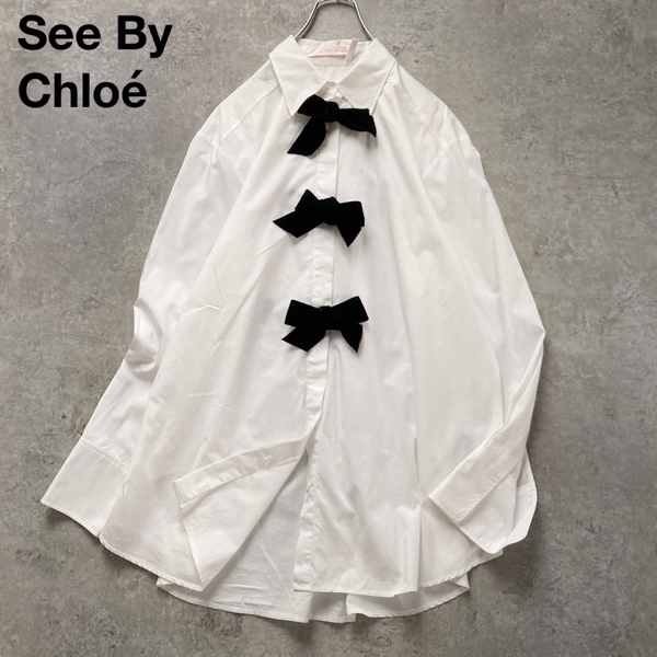 *シーバイクロエ ベロアりぼんビッグブラウス チュニック丈 長袖 ホワイト 白 38サイズ See By Chlo