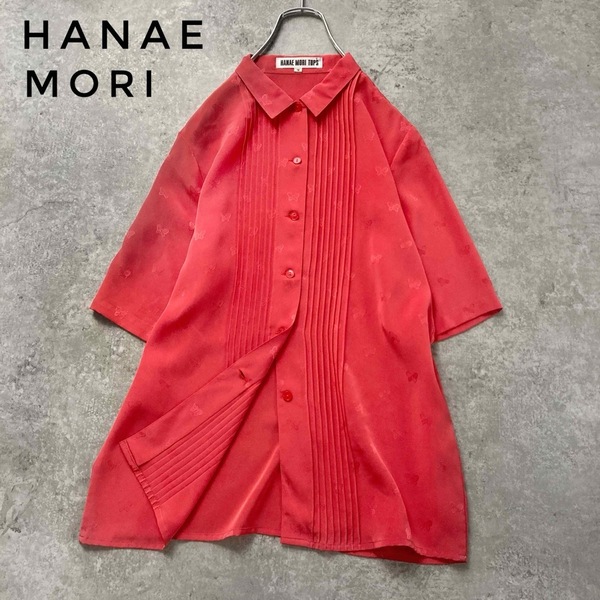 *ハナエモリ ピンタックブラウス 五分袖 蝶々柄 サテン生地 朱色 レッド 9号 HANAE MORI
