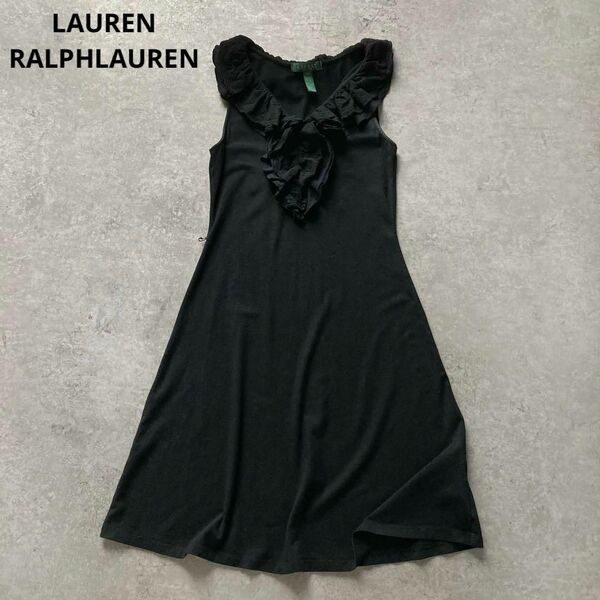 ローレンラルフローレン ノースリーブフリルワンピース コットン ブラック 黒 プルオーバー Sサイズ LAUREN RALPHLAUREN