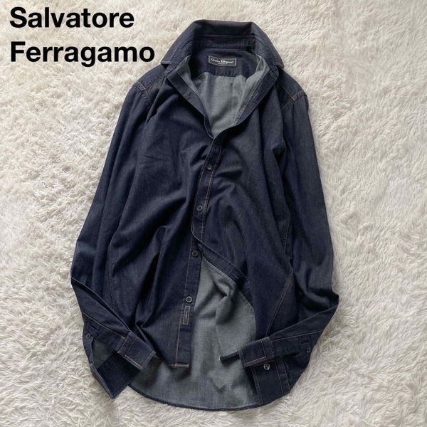 *サルヴァトーレフェラガモ デニムシャツ シャンブレー ロングスリーブ 長袖 イタリア製 Sサイズ インディゴ Salvatore Ferragamo