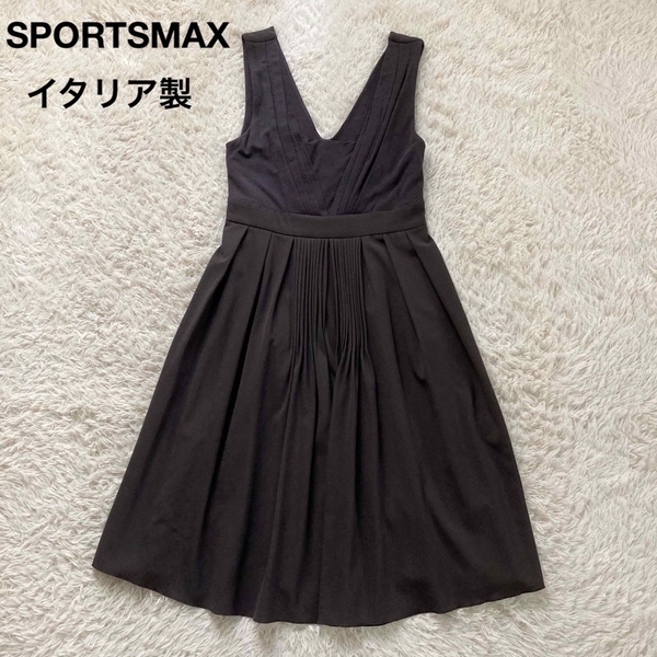 *スポーツマックス マックスマーラ ロングフレアワンピース ノースリーブ 切替デザイン ブラウン系 42サイズ SPORTSMAX MaxMara