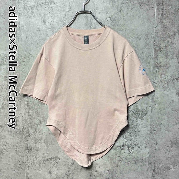 *アディダス ステラマッカートニー 半袖カットソー ウエストゴム ロゴプリント くすみピンク Lサイズ adidas by Stella McCartney