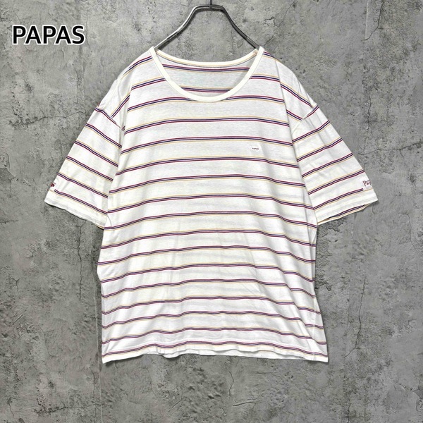 *パパス PAPAS 半袖Tシャツ ボーダー ワンポイントロゴ クルーネック メンズ Lサイズ ホワイト 白