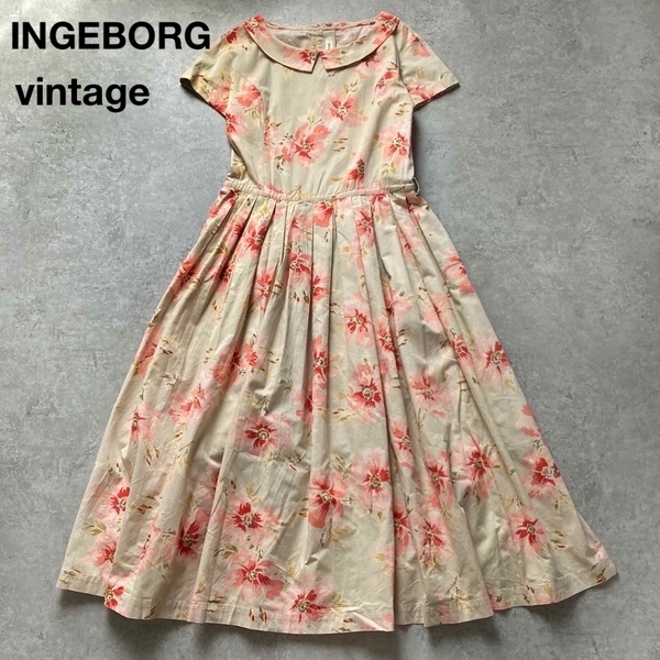 *インゲボルグ ヴィンテージ 衿付き ロングフレアワンピース 花柄 フラワープリント ベージュ キナリ INGEBORG