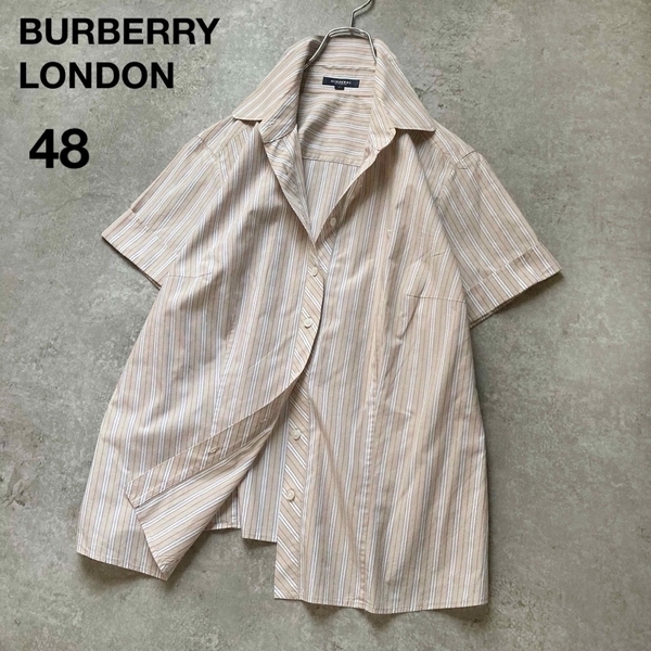 *バーバリーロンドン コットンストライプシャツ 半袖 ハーフスリーブ ロゴ刺繍 ホース 大きいサイズ48 三陽商会 BURBERRY LONDON