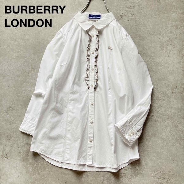 * バーバリーブルーレーベル フリルシャツ 長袖 ギャザー ノバチェック ロゴ刺繍 ホース ホワイト コットン BURBERRY BLUELABEL 三陽商会