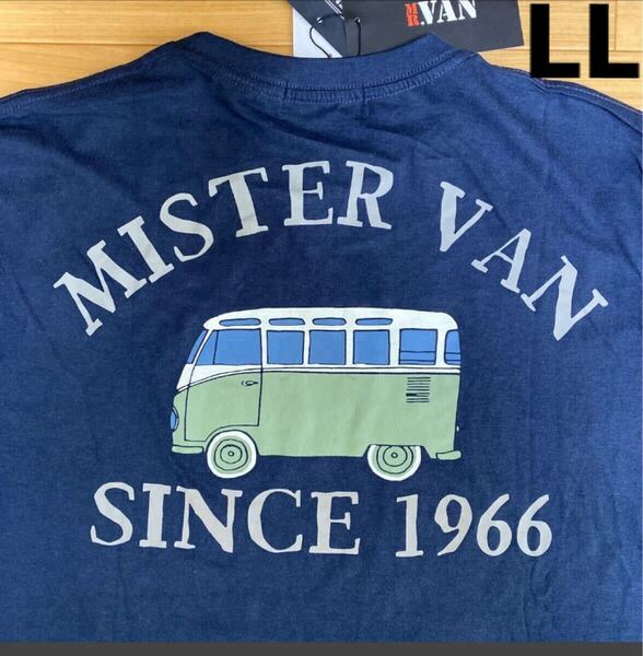 LLミスターヴァン MR.VAN 新品 半袖Tシャツ トップス紺 本体綿100% タイプ2風バックプリント ワーゲンバス 旧車 メンズ アウトドア レトロ