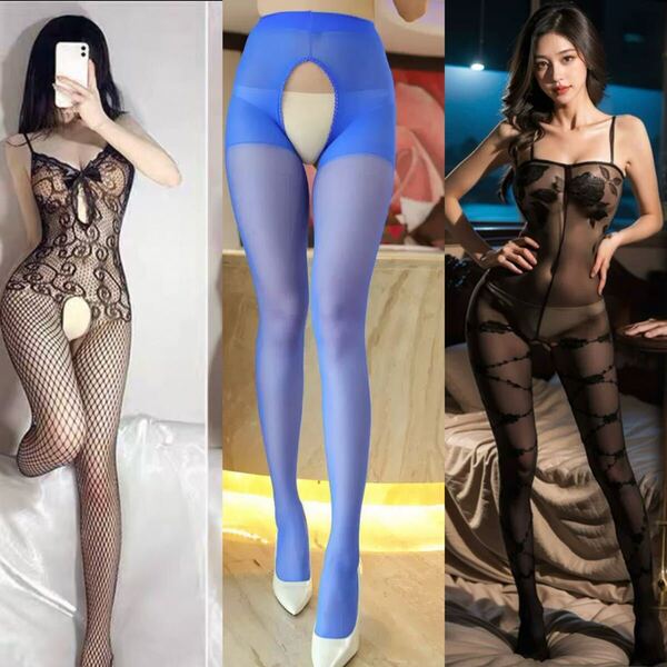 S24セクシーランジェリー 穴あきボディストッキング パンストOLコスプレ3枚セット 魅惑