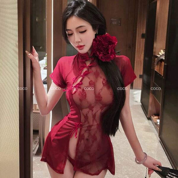 セクシーレースチャイナドレス セクシーランジェリー エレガント古風 Tバック ナイトウェア ベビードール 透け透け エロカワ ワンピース。