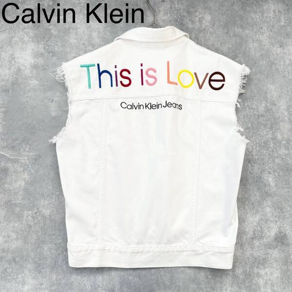 yA07 Calvin Klein Jean カルバンクライン ロゴ刺繍入りノースリーブ ベスト デニムベスト ダメージジーンズ ジレ フリンジ