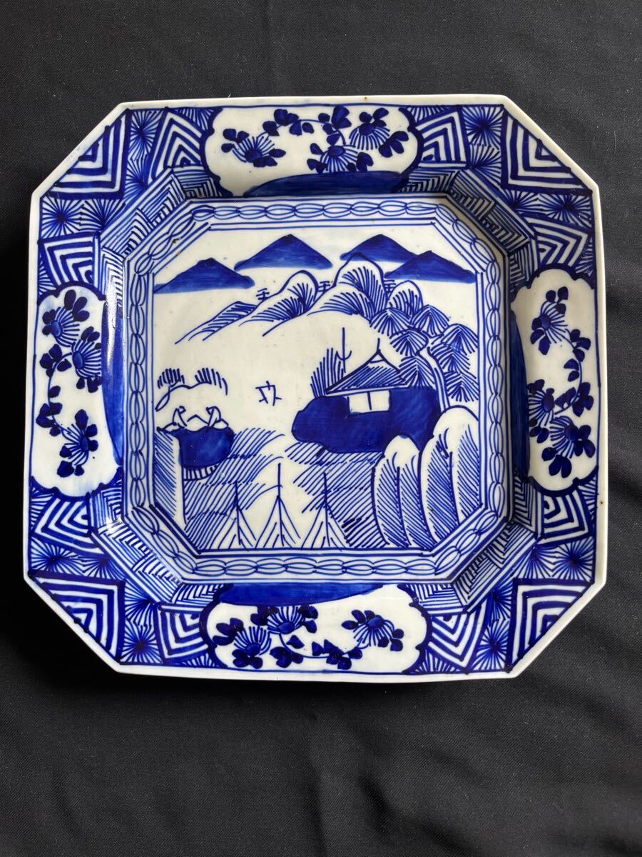 江戸期 染付 古伊万里 線描 麻の葉 花と山水図 約27cm 9寸