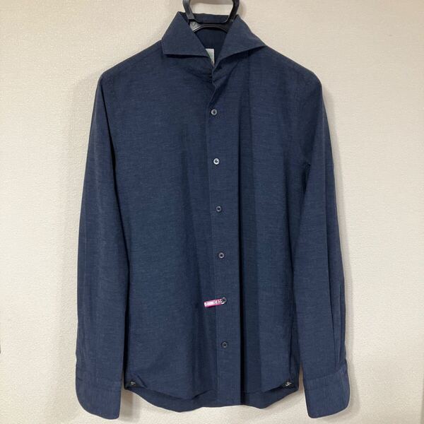 美品 Finamore フィナモレ ホリゾンタルカラーシャツ ネイビー 15-38