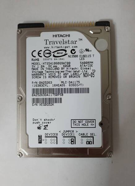 日立 2.5インチ 60GB HTS541060G9AT00 IDE/ATA100 (9.5mm/5400rpm/8MB)