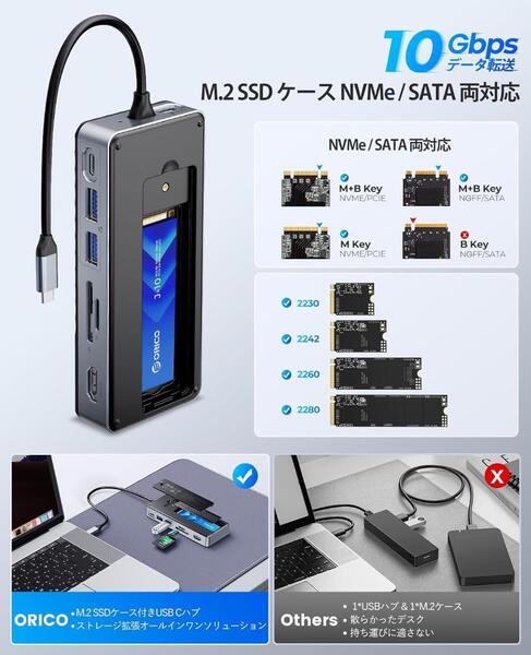 M.2 SSDケースー付きUSB Cハブ、ORICO USB-C ドッキングステーション、10Gbps USB 3.2 Gen2 M.2 NVMe/SATA 両対応ケース