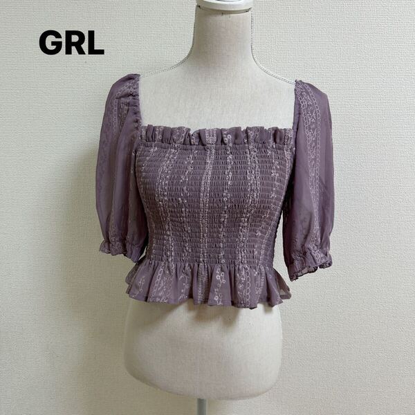 グレイル GRL ブラウス 半袖 花柄 刺繍 ラプンツェル風 シアー シャーリング ショート丈 Mサイズ パープル系 y2k トップス