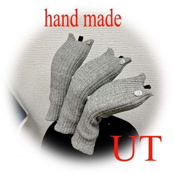 ゴルフニットヘッドカバーハンドメイド UT用リブニット猫グレーチャーム付 3本セット