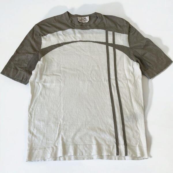 エルメス 23SS コットン×カシミヤ 半袖ニット S ホワイト×グレー 31-5735 H Ball Club ニット Marque h ball club hermes t shirt