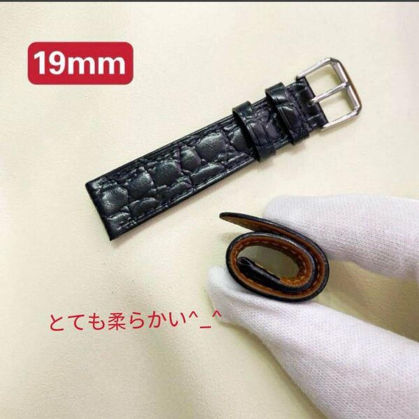 19mm 腕時計ベルト ブラック メンズ 薄型 牛革 ワニ型押し 腕時計ベルト 黒 バンド 腕時計ベルトロンジン セイコー時計交換ベルト1