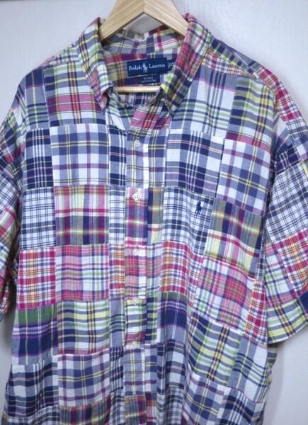 XXL 90s Polo Ralph Lauren ポロ ラルフローレン BLAKE パッチワーク 半袖 マドラス チェック シャツ インド綿