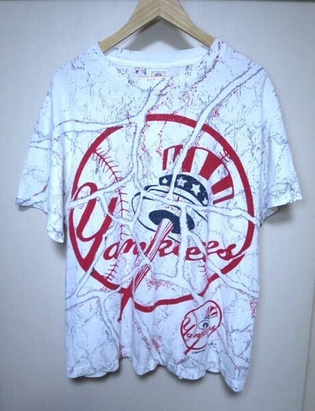 90s USA製 NEW YORK YANKEES 染み込み プリント Tシャツ L ニューヨーク ヤンキース MLB 1994 ビンテージ 総柄 両面 ビッグプリント
