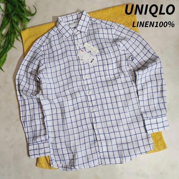 UNIQLO 麻100%・プレミアムリネン チェックシャツ 白&ネイビー 表記サイズS ユニクロ リネン 格子柄