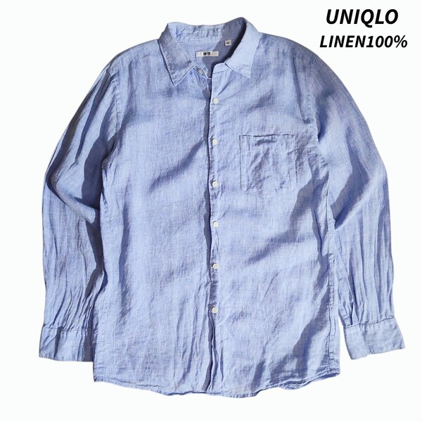 麻リネン100% 長袖シャツ L ライトブルー UNIQLO ユニクロ 84465