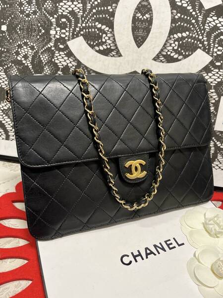 ◆◇ 極美品 CHANEL ★ シャネル マトラッセ ヴィンテージ チェーンショルダー ラムスキン プッシュロック ブラック ゴールド 003 ◇◆