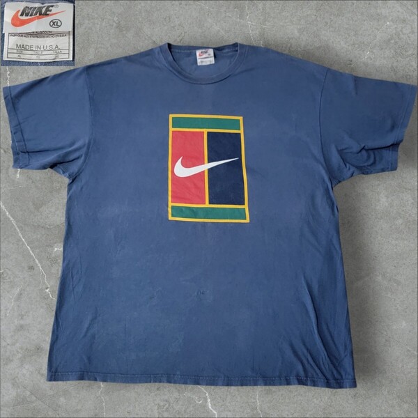 激レア USA製 90S ナイキ Nike テニスコート Tシャツ XL 紺 ネイビー 半袖Tシャツ OLD NIKE オールドナイキ VINTAGE ヴィンテージ