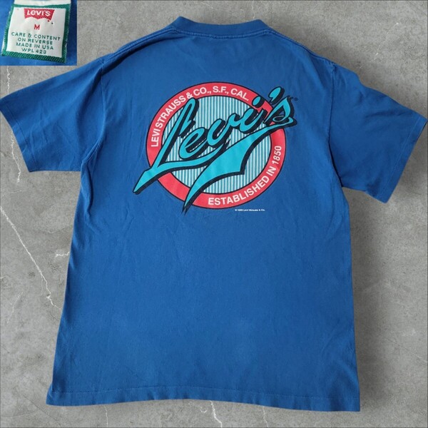レア USA製 90S リーバイス Levi's 1993年製 両面プリント Tシャツ US M 日本L シングルステッチ 半袖Tシャツ 青 ヴィンテージ VINTAGE