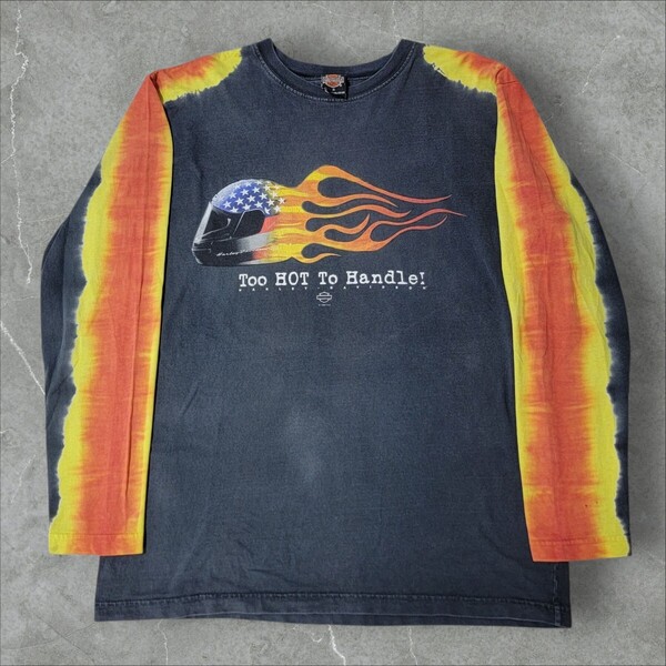 公式 00S USA製 両面プリント 山田蓮 ハーレーダビッドソン US M 日本L フレイムパターン Harley-Davidson ロンT 長袖Tシャツ