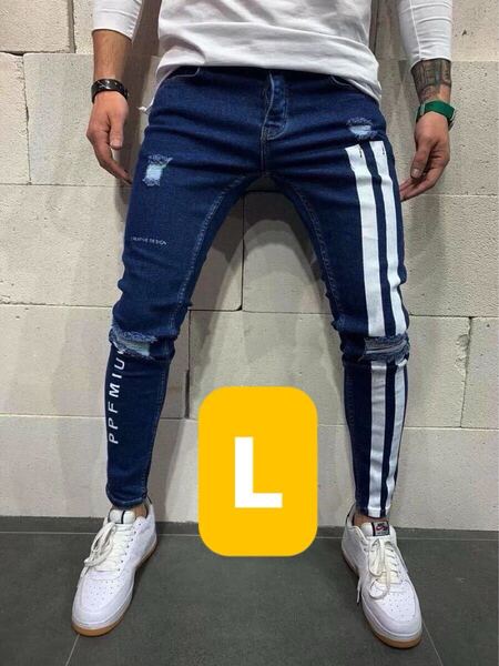 デニム ジョガーパンツ ラインパンツ テーパードパンツ ジーンズ ボトムス スキニーパンツ ストレッチ スッキリ トレンド ブルー 青 L