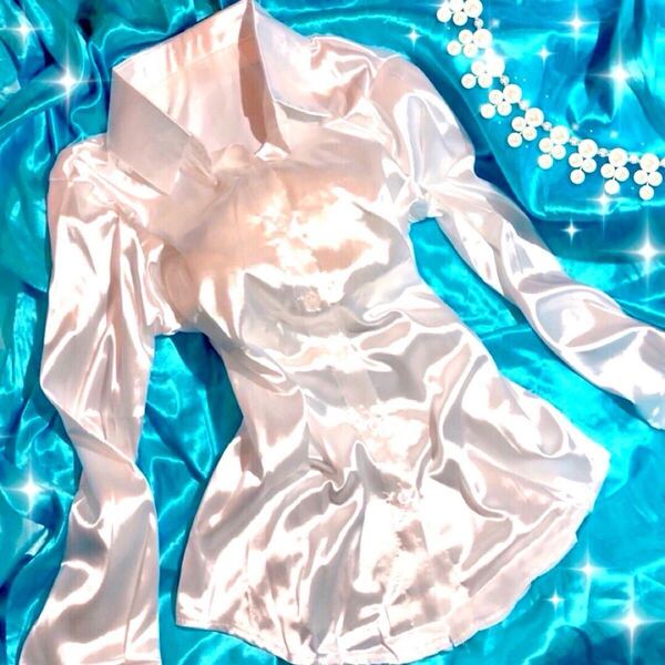 サテン つるつる ツルツル シャツ ブラウス 超光沢 パールホワイト レディース 大きいサイズ XL 女装 LL satin shirt 白シャツ