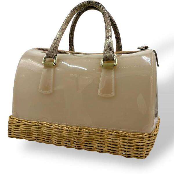 美品 FURLA フルラ キャンディバッグ ボストンバッグ パイソン カゴバッグ