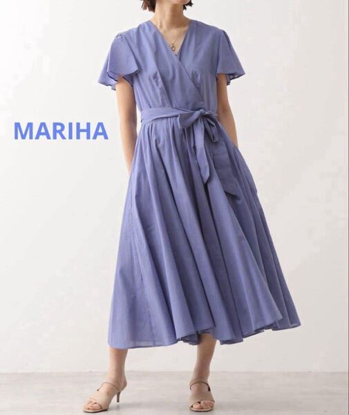 美品 MARIHA マリハ マドモアゼルのドレス ワンピース 定番 人気 ブルー 青 青紫 リボン ベルト フレア マキシ丈 38 M