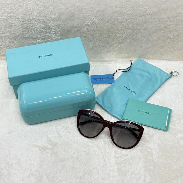極美品 TIFFANY ティファニー レディース サングラス ラインストーン ボルドー ワインレッド 赤茶色 正規品 大きめ