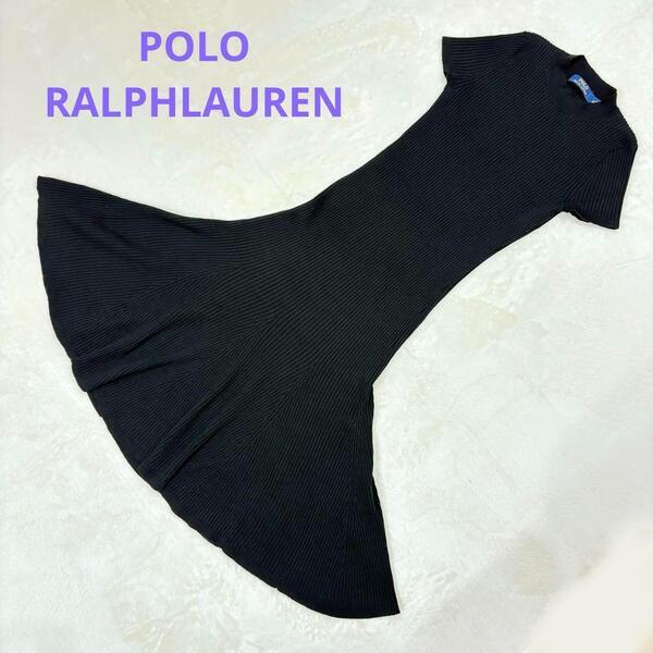 極美品 POLO RALPHLAUREN ポロラルフローレン リブニット ワンピース ロング フレア 黒 ブラック S 正規品 レディース 半袖 ウール 毛