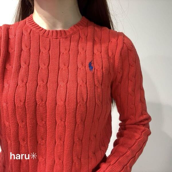 極美品 POLORALPHLAUREN ポロラルフローレン 定番大人気 オレンジ ケーブルセーターニット 正規品 S 春秋 コットン 綿 レディース 赤系